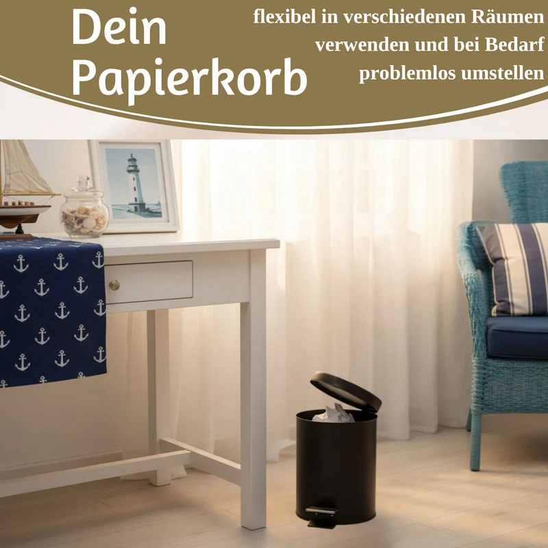 Edelstahl Tretmülleimer Papierkorb 3L Schwarz Rund Kosmetikeimer Fußpedal Mülleimer