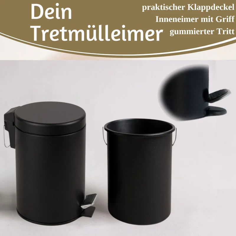 Edelstahl Tretmülleimer Papierkorb 3L Schwarz Rund Kosmetikeimer Fußpedal Mülleimer