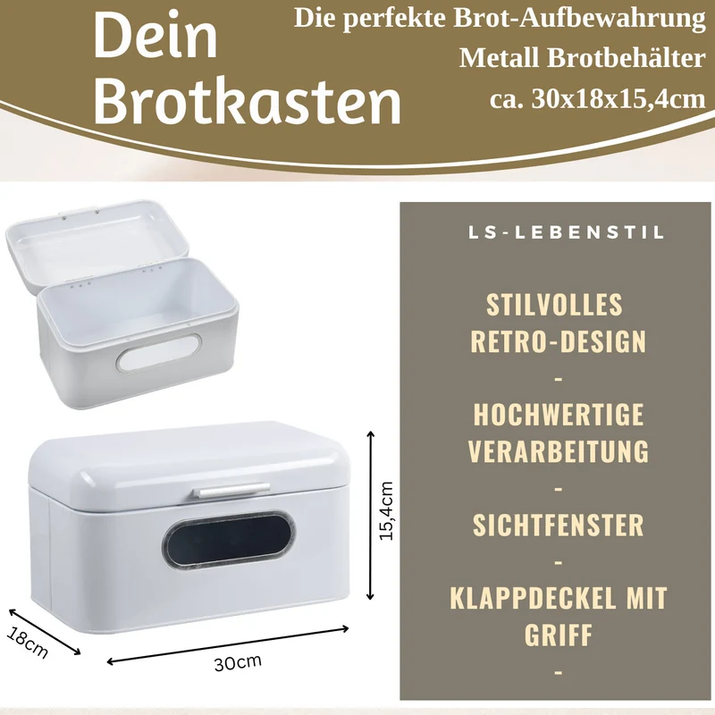 Vintage Brotkasten Weiß 30cm Metall mit Deckel Retro Brotbox Aufbewahrungskorb