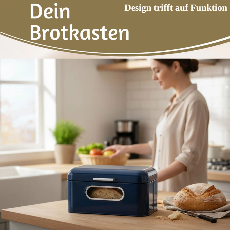 Vintage Brotkasten Blau 30cm Metall mit Deckel Retro Brotbox Aufbewahrungskorb