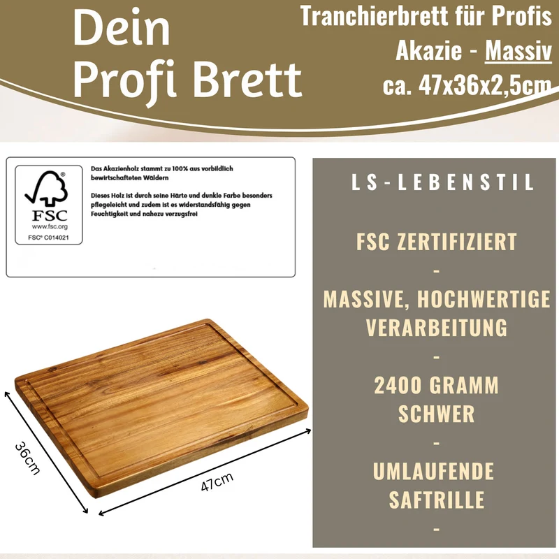 Profi Holz Schneidebrett 47x36cm XL Akazie Küchenbrett Tranchierbrett