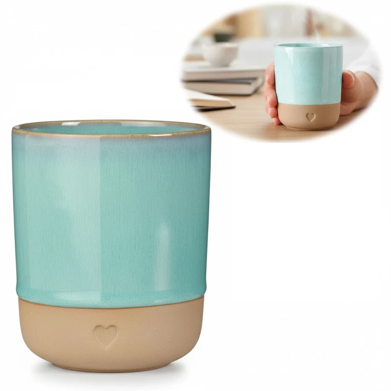 Steingut Tontasse Kaffeebecher 190ml Aqua Herz Tonbecher Teebecher Kaffeetasse