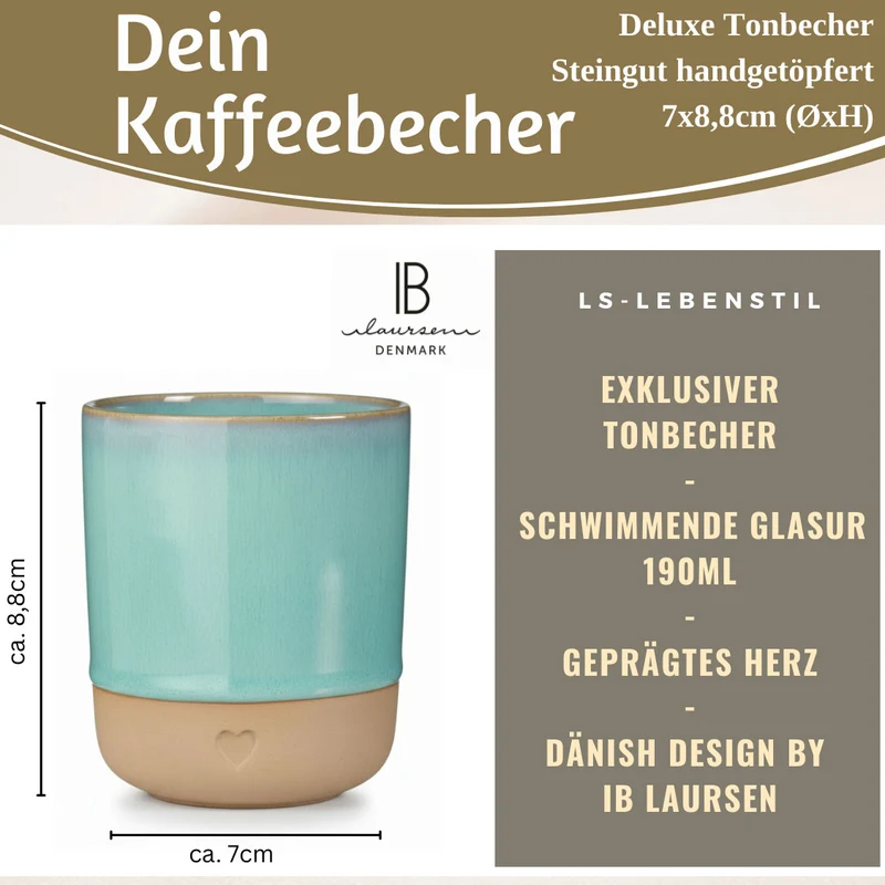 Steingut Tontasse Kaffeebecher 190ml Aqua Herz Tonbecher Teebecher Kaffeetasse