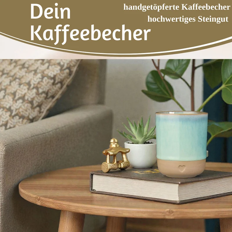 Steingut Tontasse Kaffeebecher 190ml Aqua Herz Tonbecher Teebecher Kaffeetasse