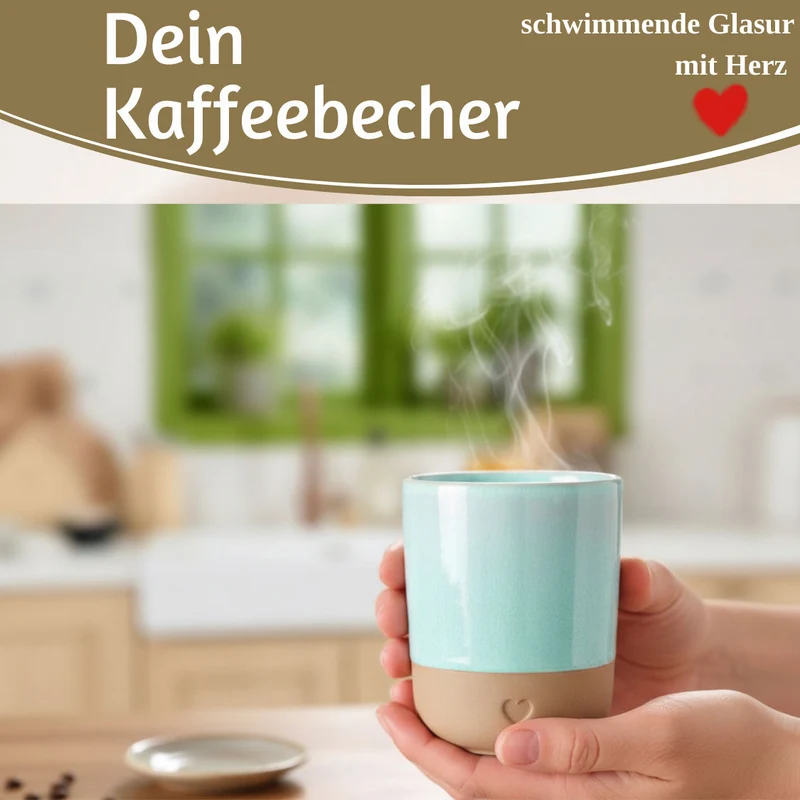 Steingut Tontasse Kaffeebecher 190ml Aqua Herz Tonbecher Teebecher Kaffeetasse
