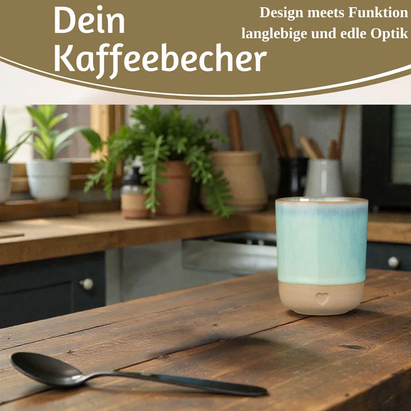 Steingut Tontasse Kaffeebecher 190ml Aqua Herz Tonbecher Teebecher Kaffeetasse