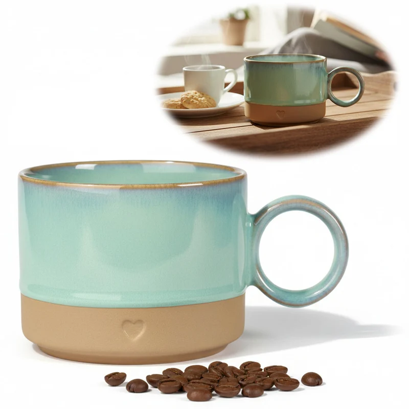Steingut Tontasse Kaffeebecher 290ml Aqua Herz Tonbecher Henkelbecher Kaffeetasse