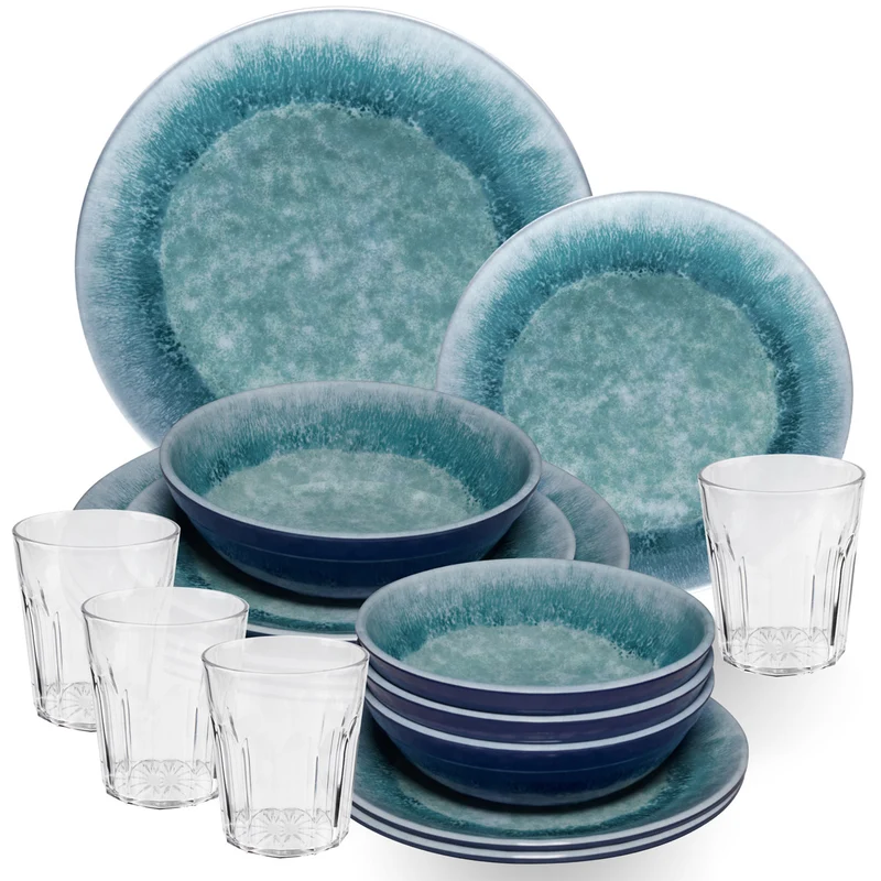 Melamin Geschirr Set Adria Blue für 4 Personen - 16 Teile Blau - mit klarem Trinkglas 250 ml aus Acryl Steingutoptikgeschirr