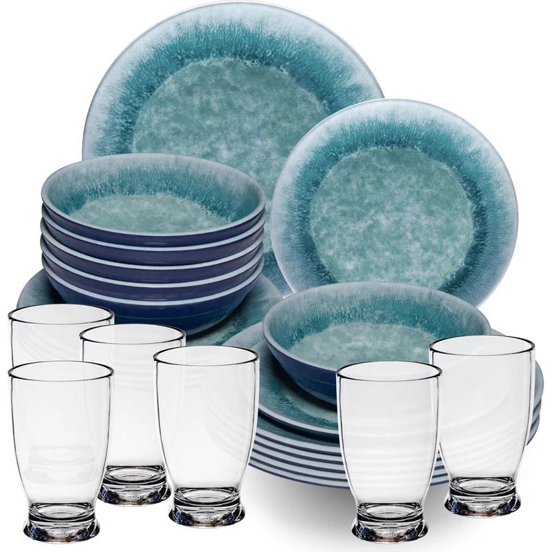 Melamin Geschirr Set Adria Blue für 6 Personen - 24 Teile Blau - mit klarem Trinkglas 380 ml aus Acryl Steingutoptik Campinggeschirr