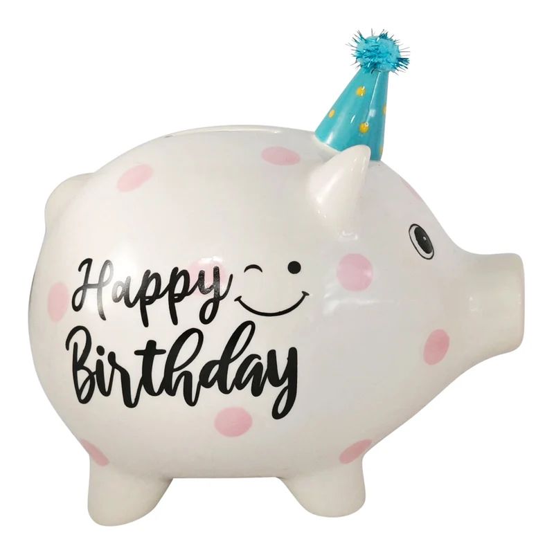 Keramik Sparschwein Blau Schwein 14x11cm Happy Birthday mit Partyhut Spardose