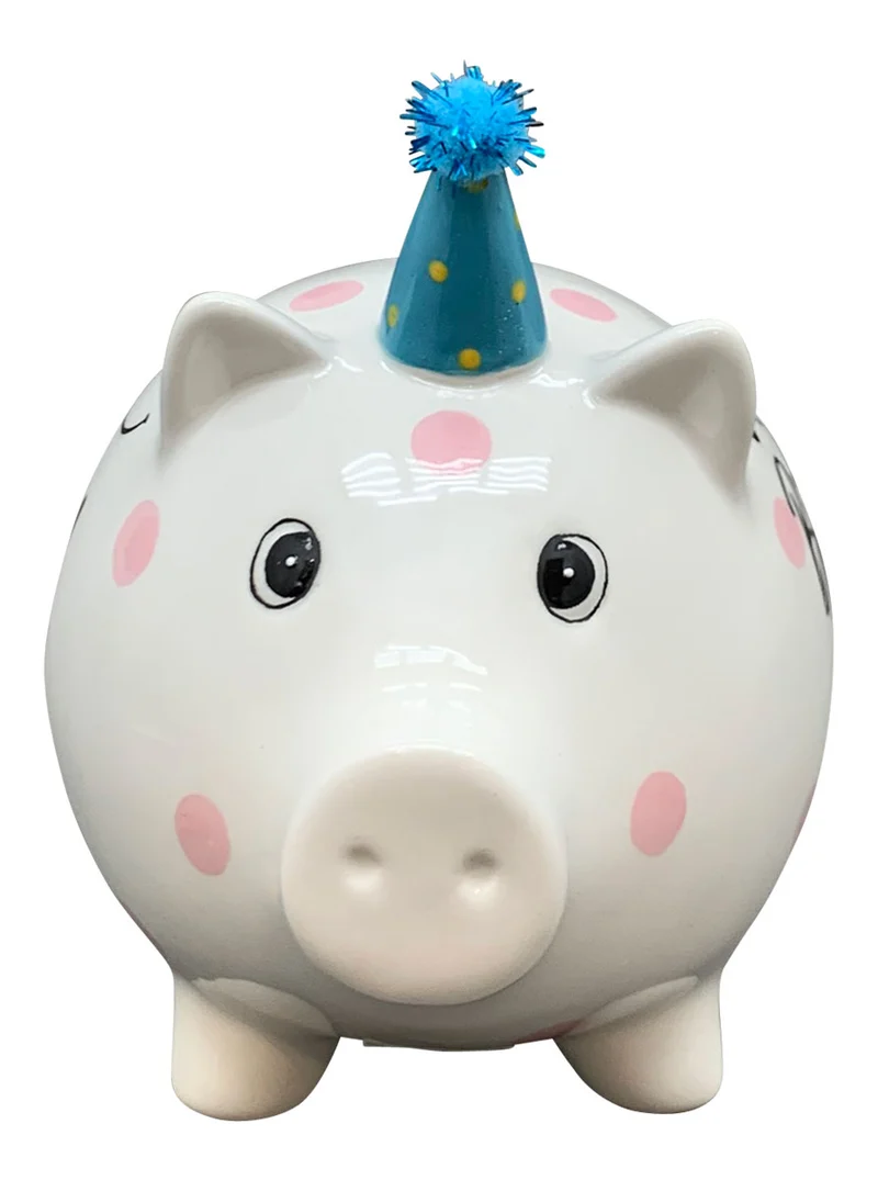 Keramik Sparschwein Blau Schwein 14x11cm Happy Birthday mit Partyhut Spardose