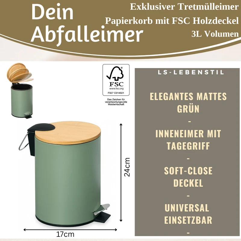 Tretmülleimer Papierkorb 3L Grün Soft Close Rund Kosmetikeimer Fußpedal Mülleimer