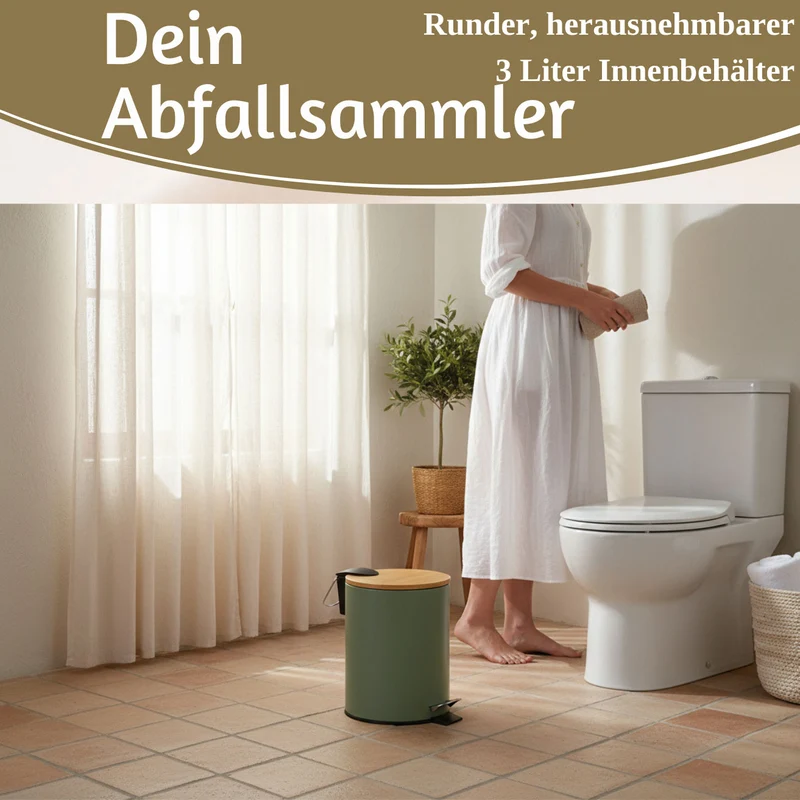 Tretmülleimer Papierkorb 3L Grün Soft Close Rund Kosmetikeimer Fußpedal Mülleimer