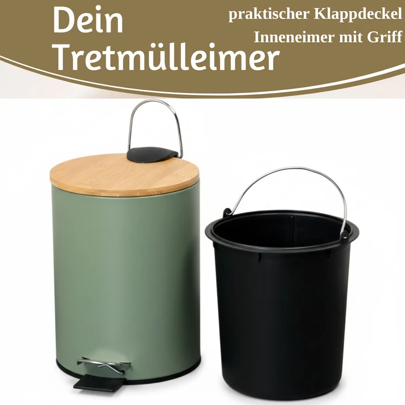 Tretmülleimer Papierkorb 3L Grün Soft Close Rund Kosmetikeimer Fußpedal Mülleimer
