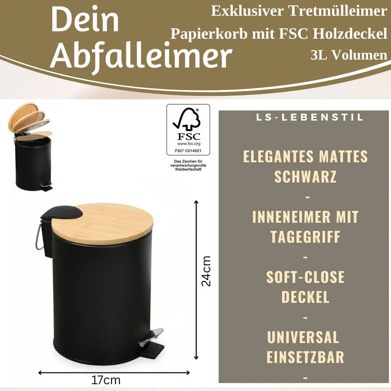 Tretmülleimer Papierkorb 3L Schwarz Soft Close Rund Kosmetikeimer Fußpedal Mülleimer
