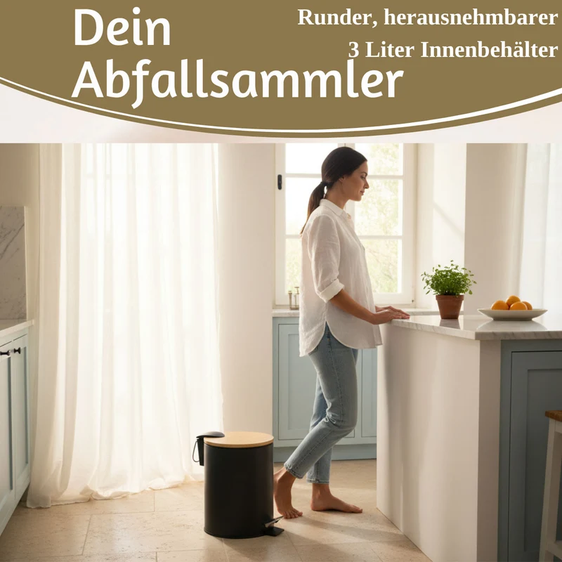 Tretmülleimer Papierkorb 3L Schwarz Soft Close Rund Kosmetikeimer Fußpedal Mülleimer