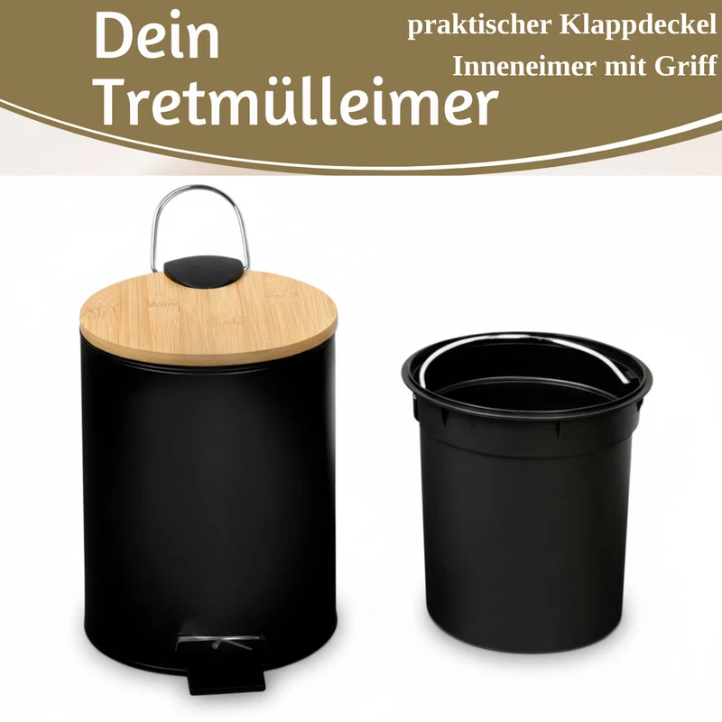 Tretmülleimer Papierkorb 3L Schwarz Soft Close Rund Kosmetikeimer Fußpedal Mülleimer