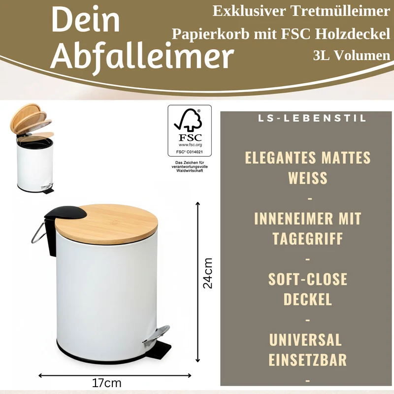 Tretmülleimer Papierkorb 3L Weiß Soft Close Rund Kosmetikeimer Fußpedal Mülleimer
