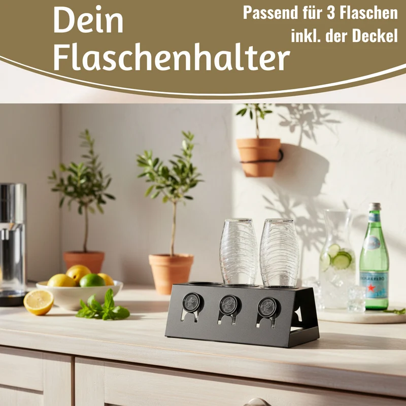 Metall Flaschenständer Schwarz passend für 3 Sodastream Flaschen Abtropfschale