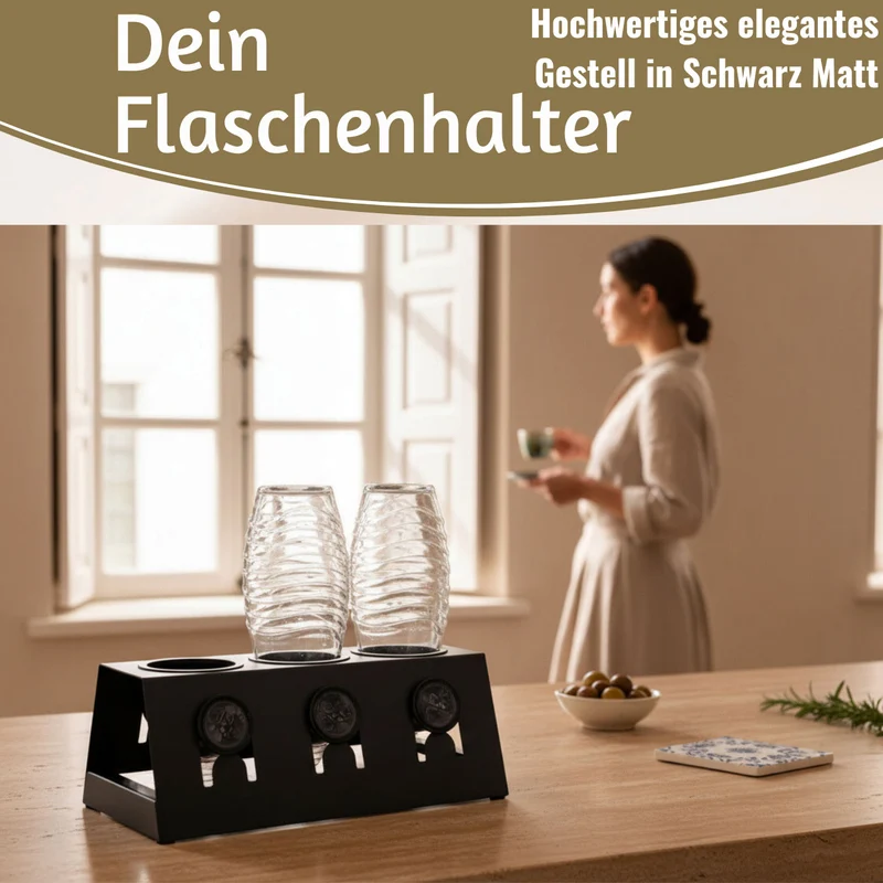 Metall Flaschenständer Schwarz passend für 3 Sodastream Flaschen Abtropfschale