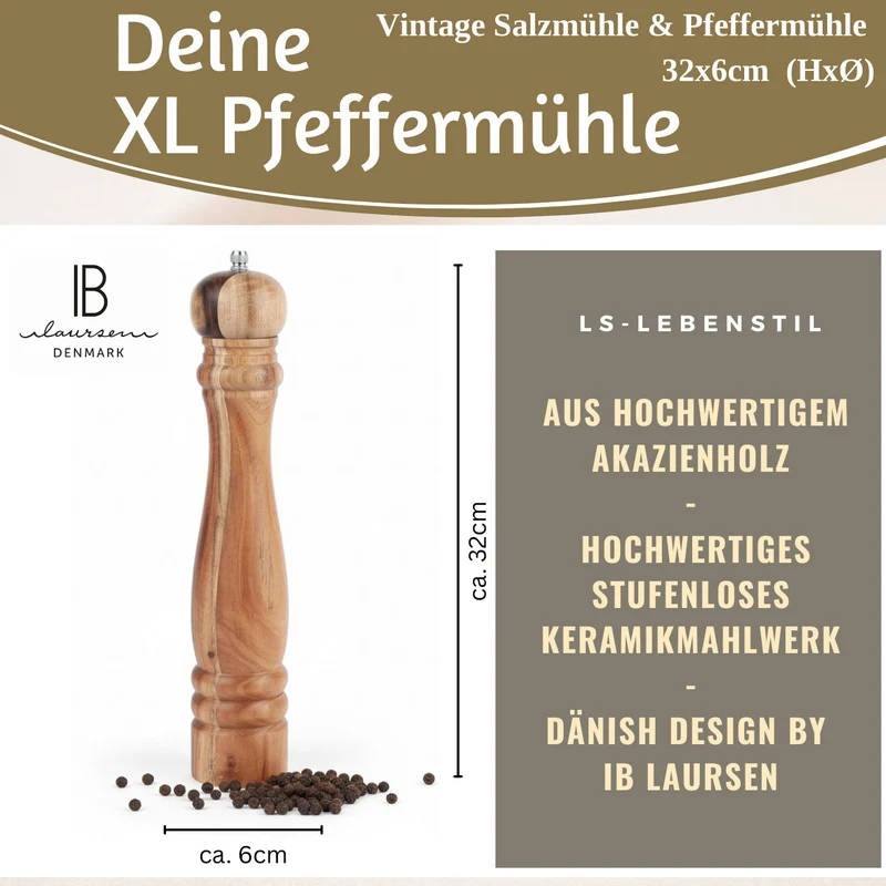 Design XL Holz Salzmühle & Pfeffermühle Akazie 32cm Keramikmahlwerk Gewürzmühle