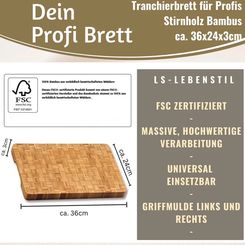 Profi Holz Schneidebrett Stirnholz 36cm XL Bambus Küchenbrett Tranchierbrett