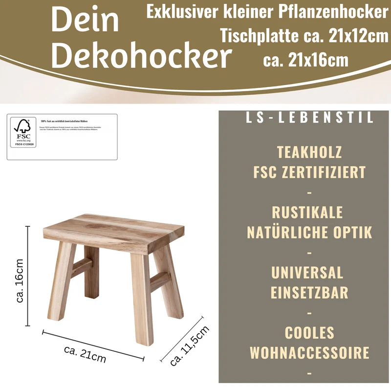 Pflanzenhocker Teak Holz 21x16cm Mini Tisch Rechteckig Deko Hocker Blumenständer