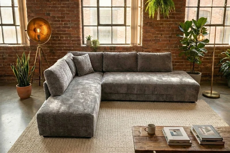 KAWOLA Schlafsofa SADIRA Ecksofa Stoff grau