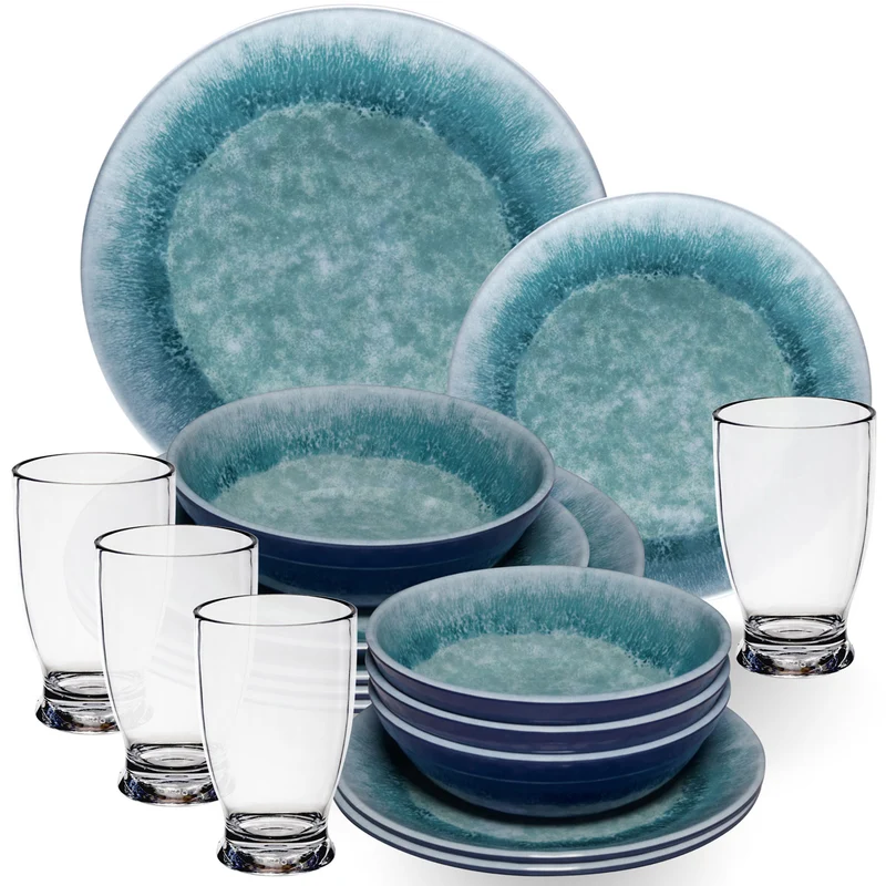 Melamin Geschirr Set Adria Blue für 4 Personen - 16 Teile Blau - mit klarem Trinkglas 380 ml aus Acryl Steingutoptikgeschirr