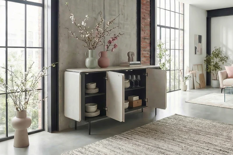 KAWOLA Sideboard AVRIL 4 Türen Eiche grau