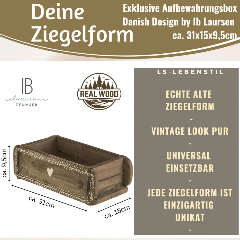 Holz Ziegelform Unika 31x15cm Herz Braun alte Backsteinform Cutlery Deko