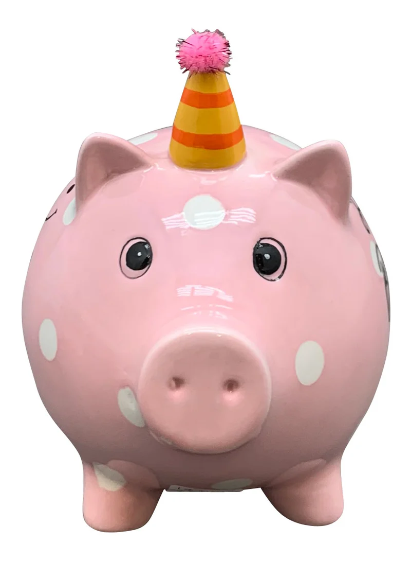 Keramik Sparschwein Rosa Schwein 14x11cm Happy Birthday mit Partyhut Spardose