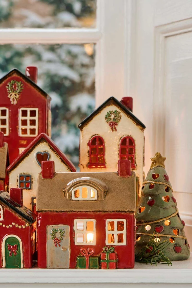 Teelichthaus Lichterhaus Nyhavn 14cm Beige Rot Keramik Fachwerkhaus Teelichthalter