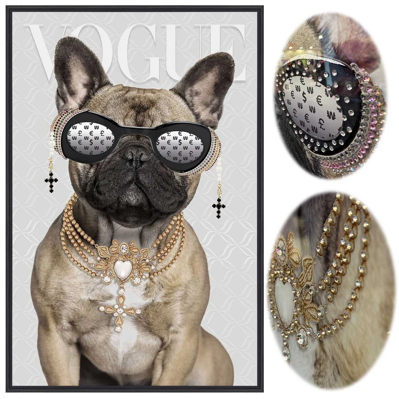 Wandbild französische Bulldogge 40x60cm Vogue Diamant Natur Kunstdruck Leinwand