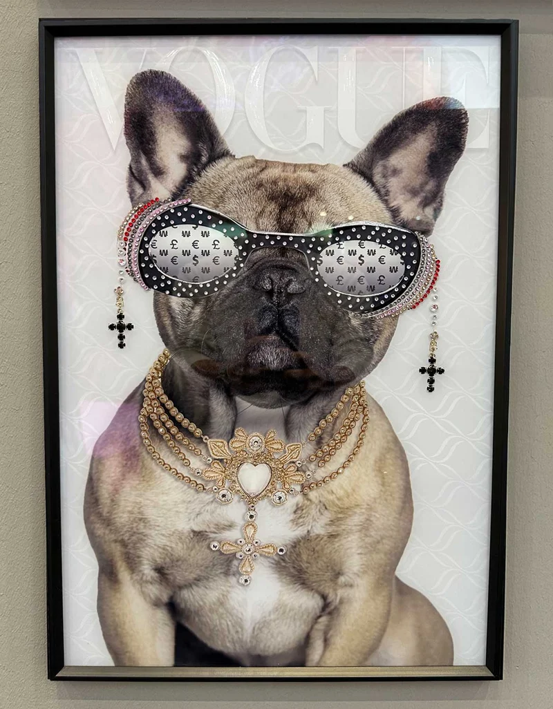 Wandbild französische Bulldogge 40x60cm Vogue Diamant Natur Kunstdruck Leinwand