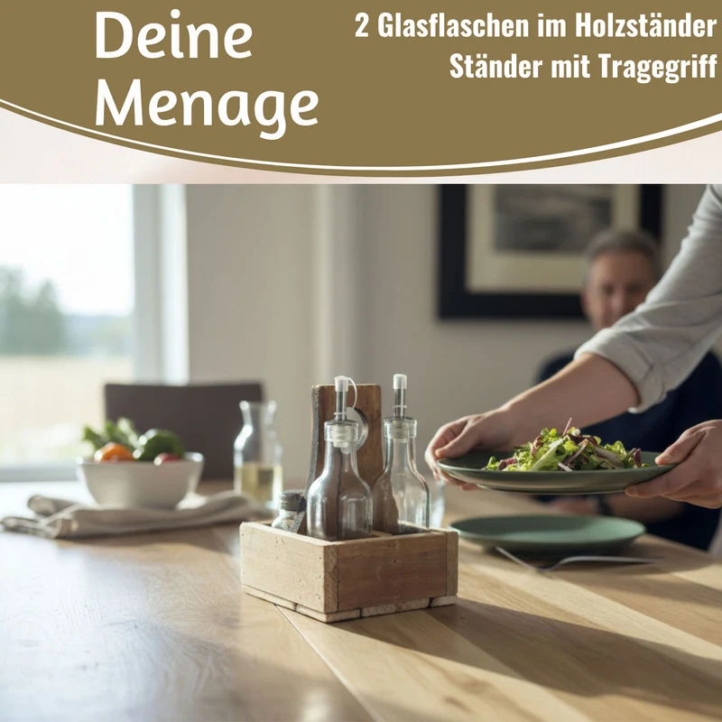 Holz Menage Essig- und Ölspender Set Salz- Pfefferstreuer 2x Ölflasche Ausgießer