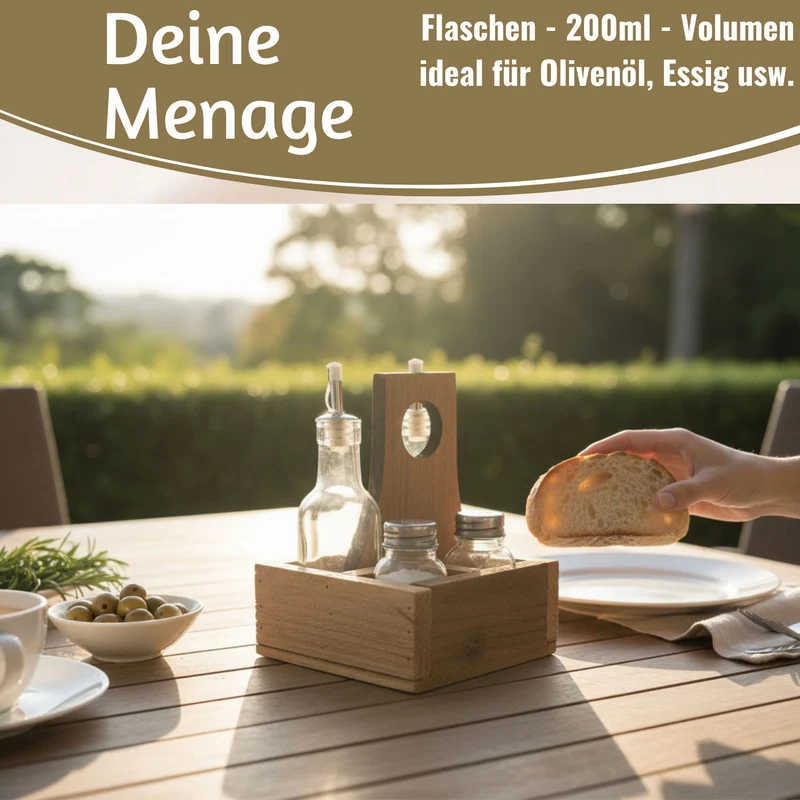 Holz Menage Essig- und Ölspender Set Salz- Pfefferstreuer 2x Ölflasche Ausgießer