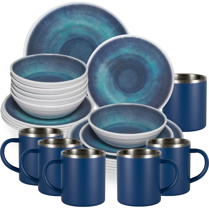 Melamin Geschirr Set Jesolo Blau für 6 Personen 24 Teile - mit Edelstahl Thermo Tassen Steingutoptik Spülmaschinengeeignet Essgeschirr Campingzubehör Campinggeschirr Wohnwagen Camping Festival Picknick