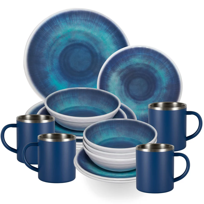 Melamin Geschirr Set Jesolo Blau für 4 Personen 16 Teile - mit Edelstahl Thermo Tassen Steingutoptik Spülmaschinengeeignet Essgeschirr Campingzubehör Campinggeschirr Wohnwagen Camping Festival Picknick