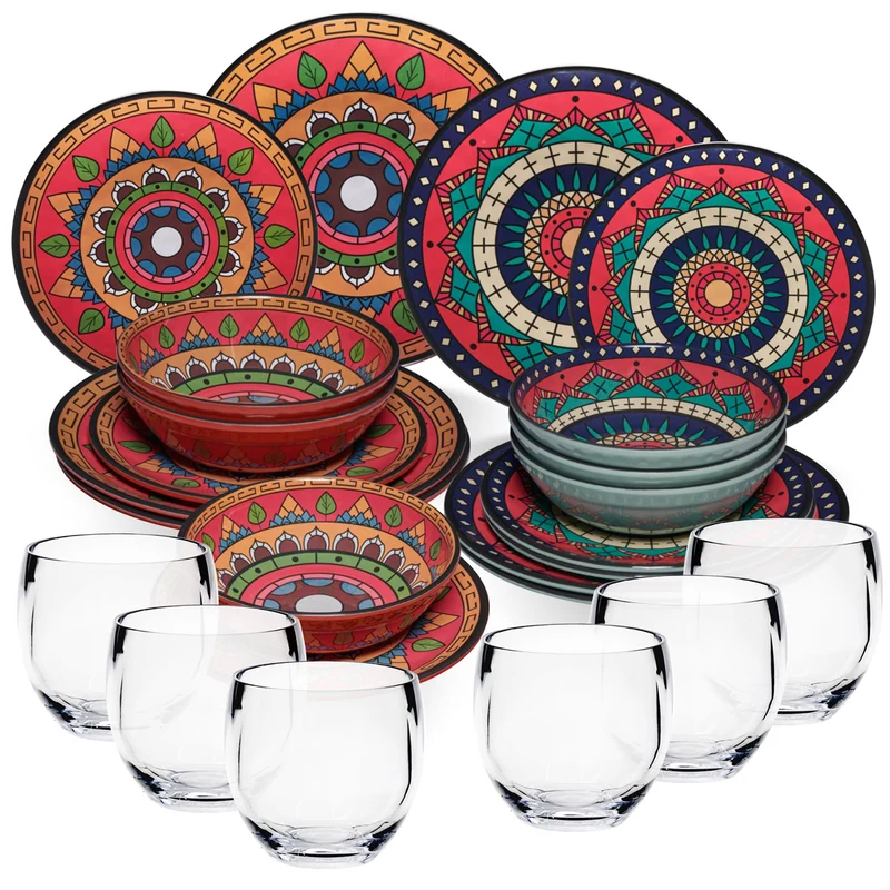 Melamin Geschirr Set Toskana Deep für 6 Personen - 24 Teile Rot-Grün - Mandala-Optik mit klaren Trinkgläsern 400 ml Essgeschirr Campinggeschirr