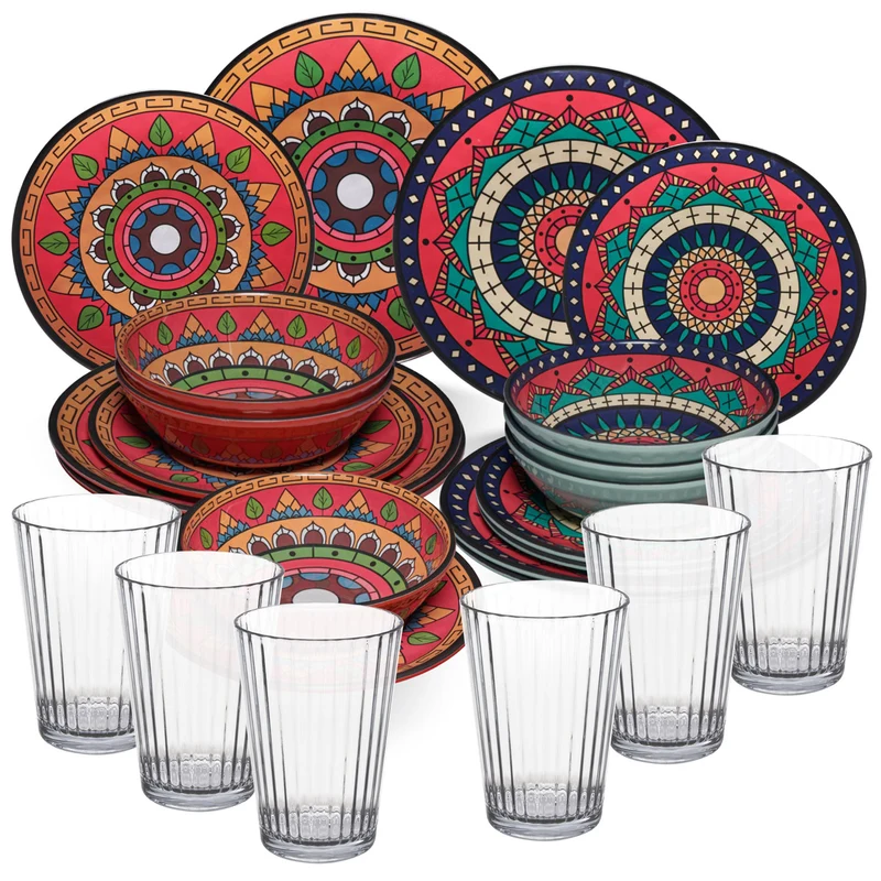 Melamin Geschirr Set Toskana Deep für 6 Personen - 24 Teile Rot-Grün - Mandala-Optik mit klaren Trinkgläsern 580 ml Essgeschirr Campinggeschirr