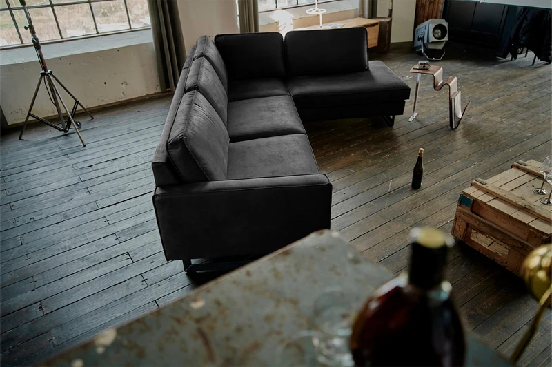 KAWOLA Ecksofa VILNIUS 3-Sitzer mit Recamiere Lederfaserstoff schwarz
