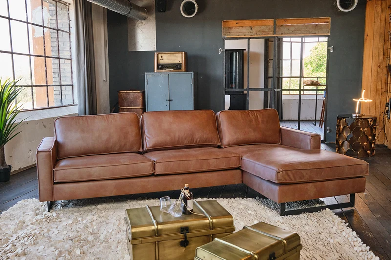 KAWOLA Ecksofa VILNIUS 3-Sitzer mit Longchair Lederfaserstoff cognac