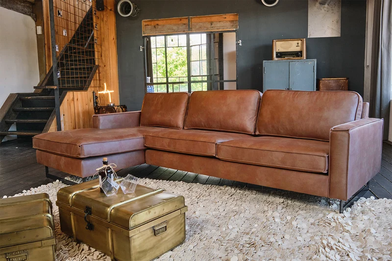 KAWOLA Ecksofa VILNIUS 3-Sitzer mit Longchair Lederfaserstoff cognac