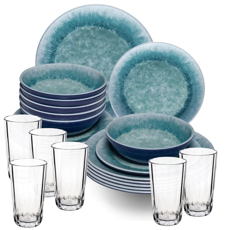 Melamin Geschirr Set Adria Blue für 6 Personen - 24 Teile Blau - mit klarem Trinkglas 300 ml aus Acryl Steingutoptik Campinggeschirr