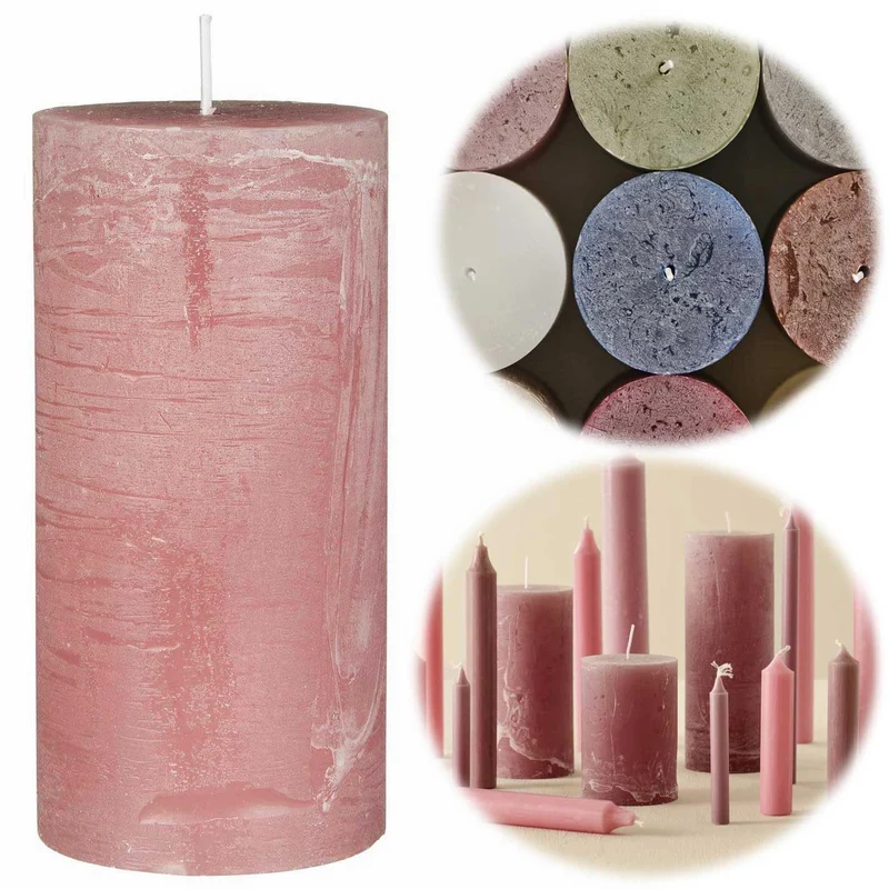Exklusive Stumpenkerze 14x6,8cm Ribe Rustik Rosa Malva - Made in EU - Wachskerze