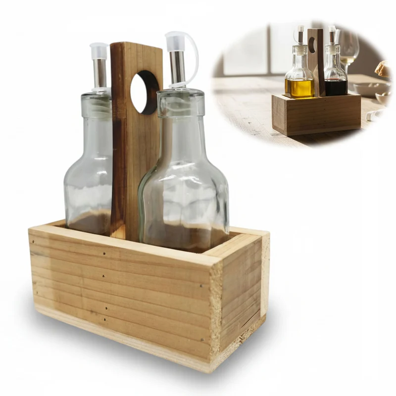 Holz Menage Essig- und Ölspender Set 2x Ölflasche Ausgießer Olivenöl Vinaigrette