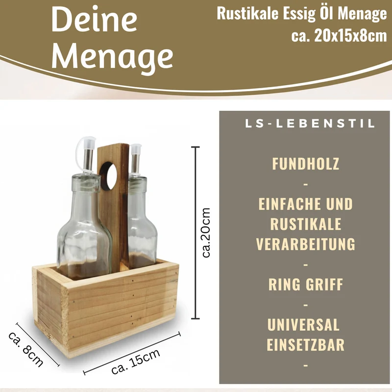 Holz Menage Essig- und Ölspender Set 2x Ölflasche Ausgießer Olivenöl Vinaigrette