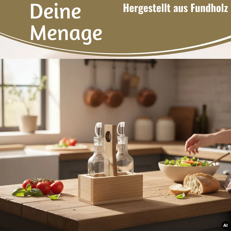 Holz Menage Essig- und Ölspender Set 2x Ölflasche Ausgießer Olivenöl Vinaigrette