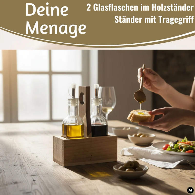 Holz Menage Essig- und Ölspender Set 2x Ölflasche Ausgießer Olivenöl Vinaigrette